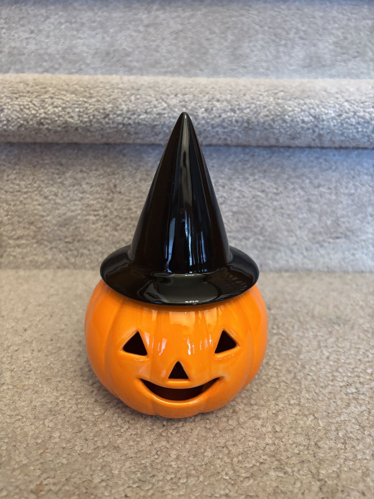 Cute Ceramic Pumpkin with Black Witch's Hat Votive Holder