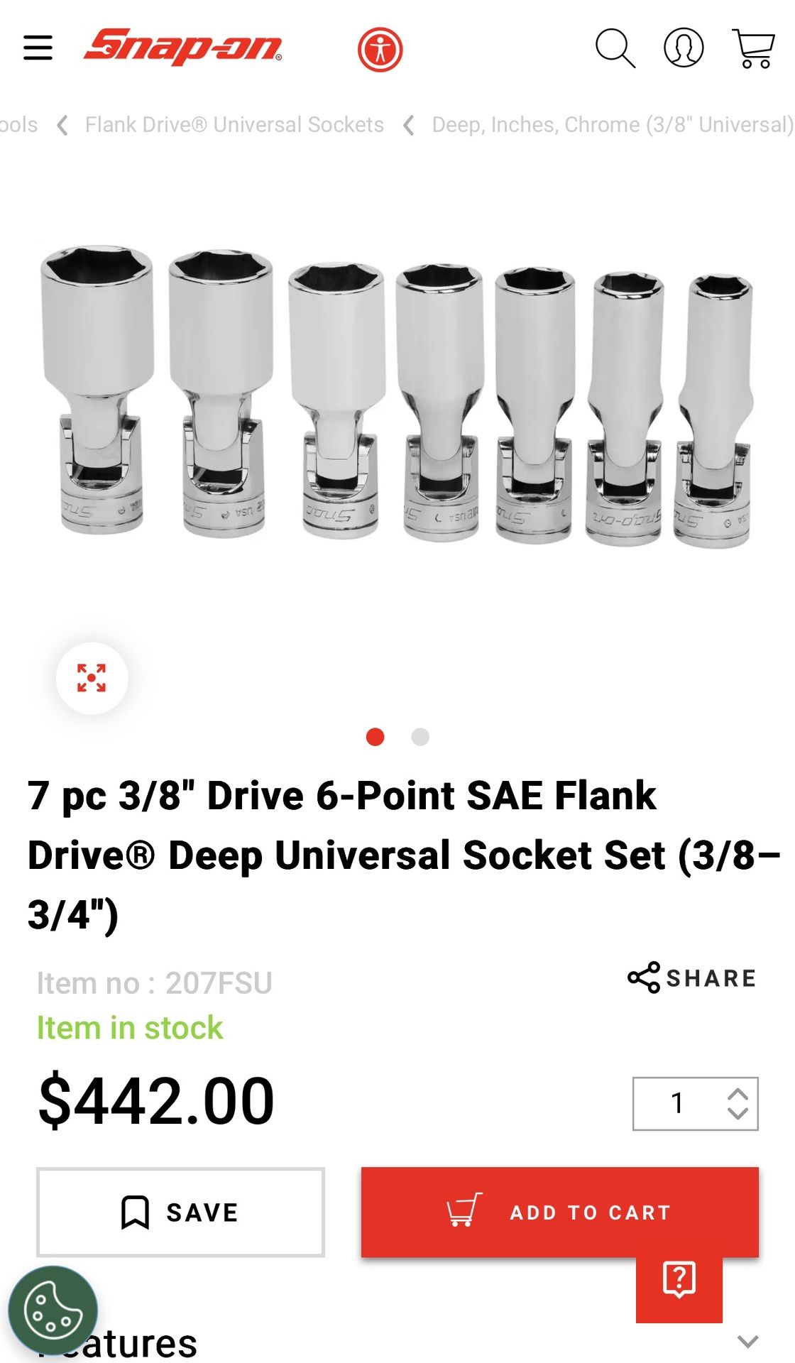 7 Pc 3/8” Drive 6-point SAE Flank Drive Deep Universal Socket Set (3/8-3/4”)