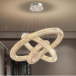 32"+24"+16" 3 Rings Big Crystal Chandeliers Dimmable LED High Ceiling 128'' Long Hanging Pendant 3000-6000K LED