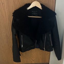 True Religion Black Leather Jacket with Shearling Collar