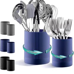 Kyraton Cooking Utensils Holder 2pcs, 360° Rotating Heavy Duty Plastic Kitchen Utensil Holder for Countertop, The Small Utensil Crock for Cutlery Silv