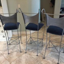 Three Wrought Iron Bar Stools 
