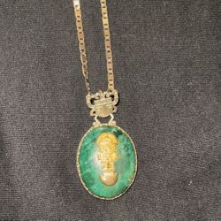 Antique 925 Sterling Silver, 18K Gold & Malachite Gem Peru Tumi Deity Pendant 