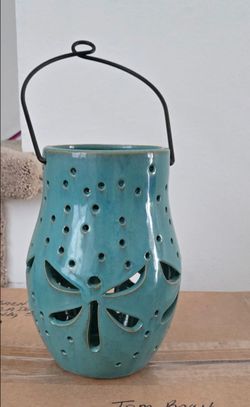 Teal Ceramic Dragonfly Lantern Candle Holder