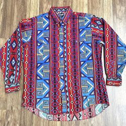 Vintage 90s Brushpopper Wrangler Cowboy Cut Western Aztec Shirt Men’s Size L
