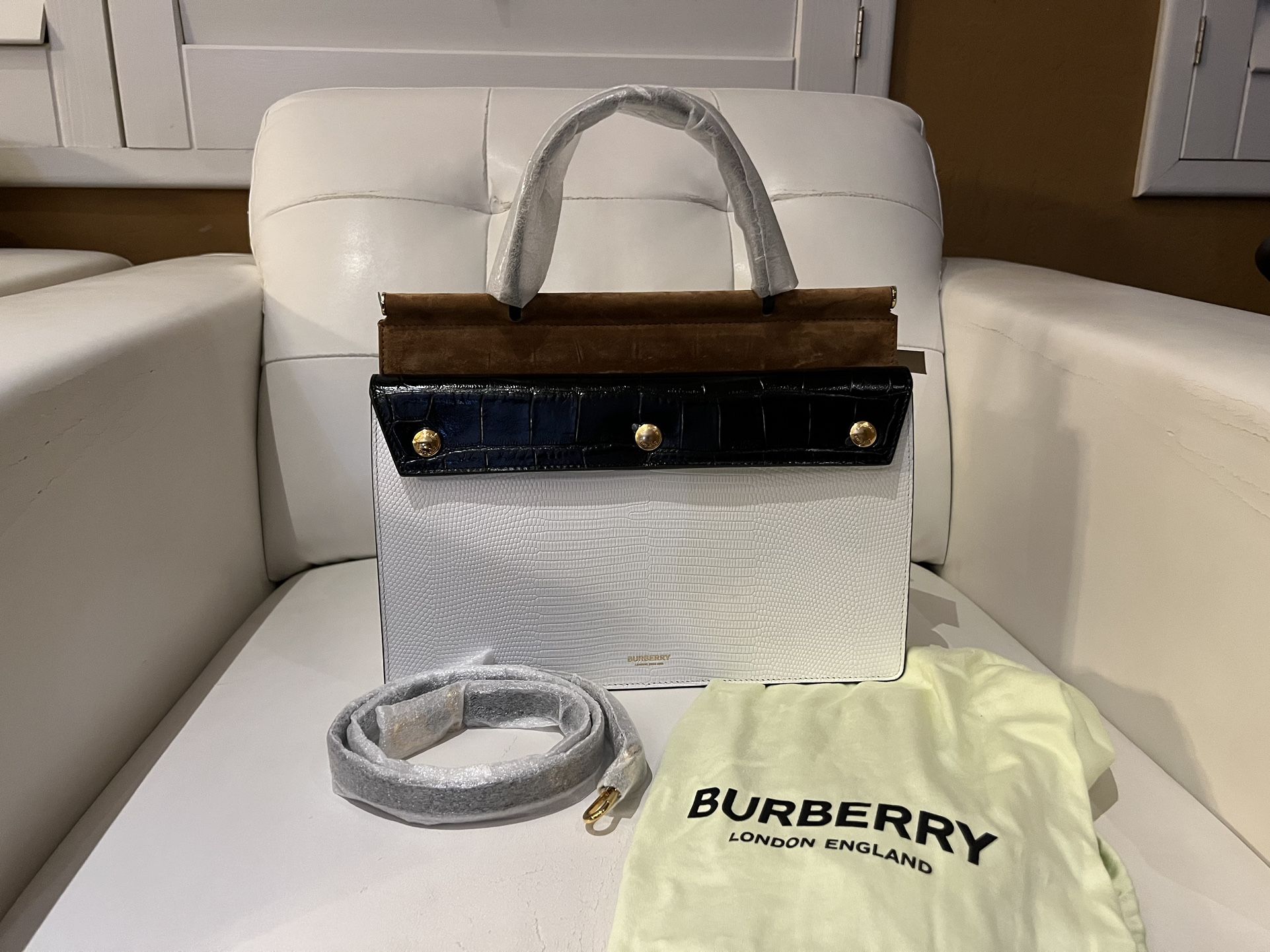 New Burberry Embossed Leather & Suede Small Title Bag