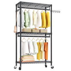 Heavy Duty Clothes Rack Rolling Garment Rack,3 Tier Adjustable Wire Shelving Clothing Racks For Hanging Clothes With Double Rods&Side Hooks,Freestandi