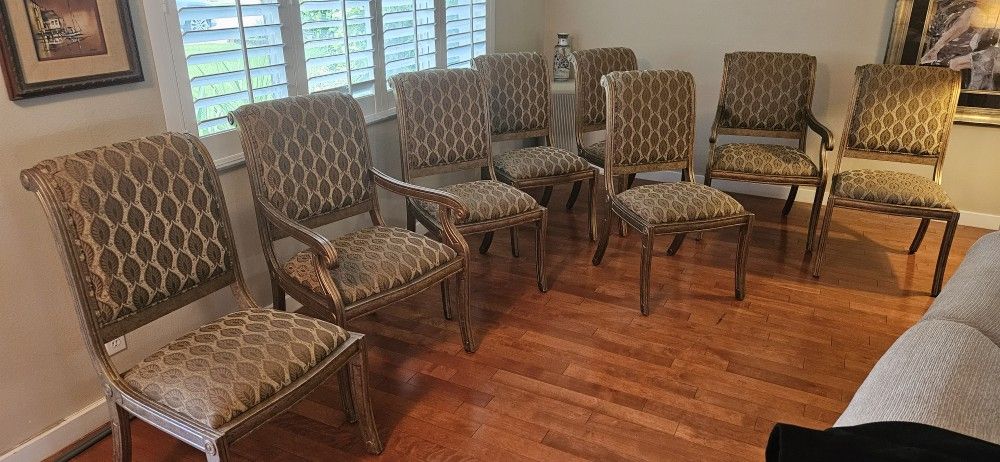 Set Of 8 Dining Room Padded Chairs / Fabric & Wood