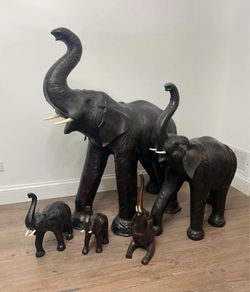 Set of 5 Vintage Leather Covered Paper Mache Wrapped Elephant Sculpture Animal Statue