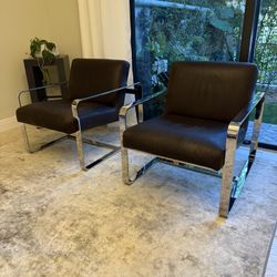 Two Restoration Hardware   Miles brown leather arm chairs, accent chairs, RH. Living room, bedroom. Modern. 