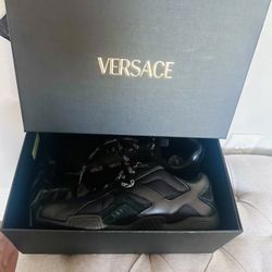 100% Authentic Brand New Versace Black Suede Fabric Calf Leather Sneakers 