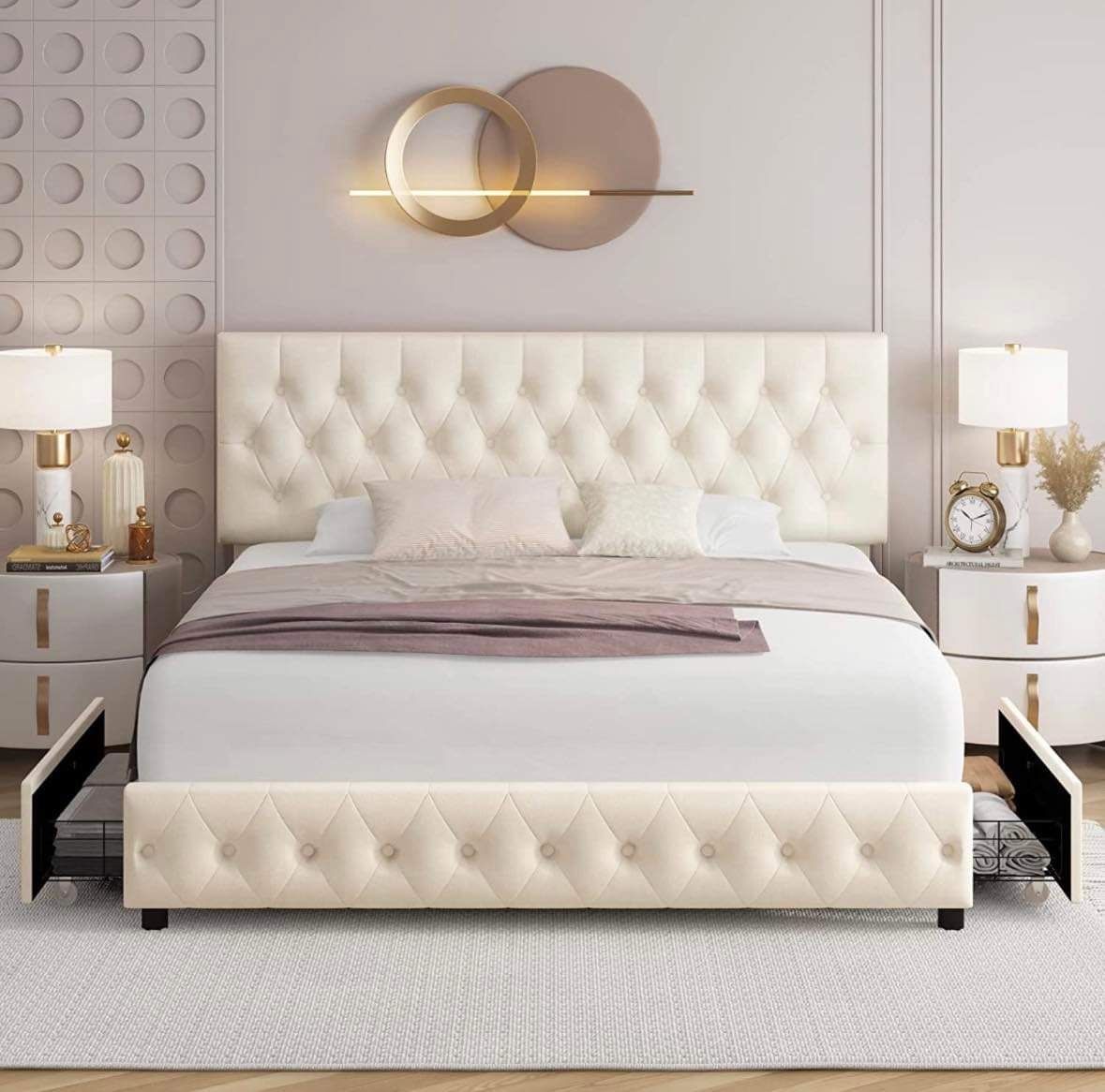 Queen Modern Upholstered Bed Frame with 4 Drawers, Button Tufted Headboard Design,T38