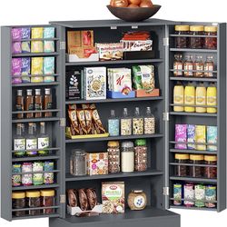 41'' Traditional Kitchen Pantry with Doors and 6 Adjustable Shelves, Kitchen Storage Organization Cabinet for Dining Room, Living Room, Grey