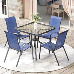 5 Pieces Outdoor Patio Dining Set, Glass Table and Textilene Chair