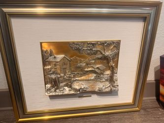 Two Framed Gold Metal Relief Wall Art
