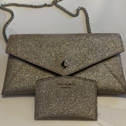 Kate Spade Gold Glitter Crossbody Envelope Purse With Matching Cardholder 