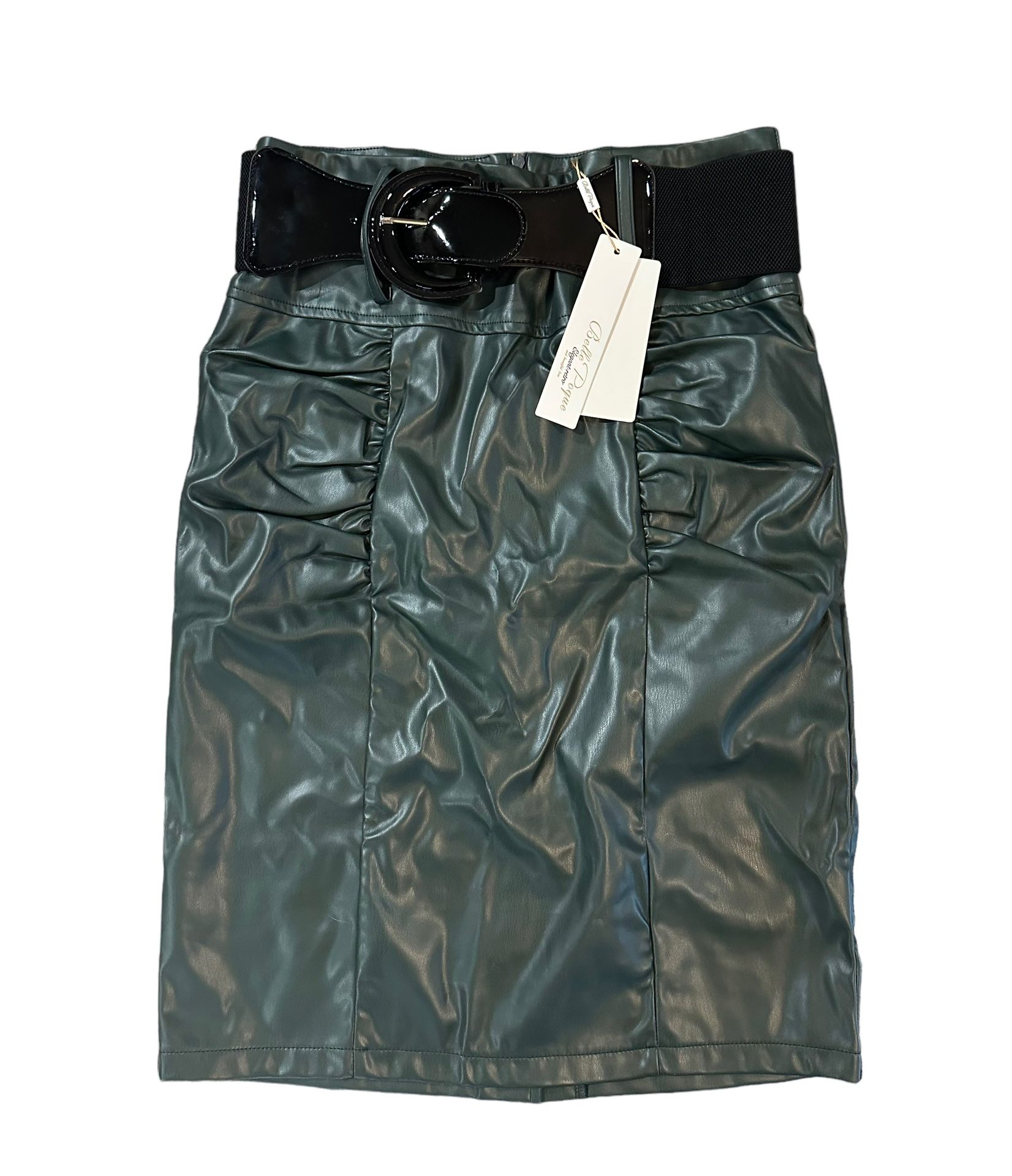 NWT Belle Poque Elegant Retro Green Faux Leather Belted Skirt Size Medium Zip Up