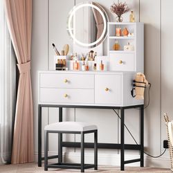 Makeup Vanity Desk with Mirror and Lights, Small Vanity Makeup Table for Bedroom with Lots Storage, 3 Lighting Modes, White