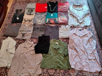 Box of women's & 2 Men's shirts read description