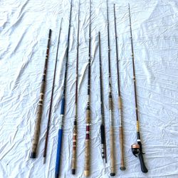 A Collection Of Vintage Fishing, Rods And Rod And Reel Set. 6 Foot Two. 10 Foot Poles. One Is Abu Garcia Rod & Reel 