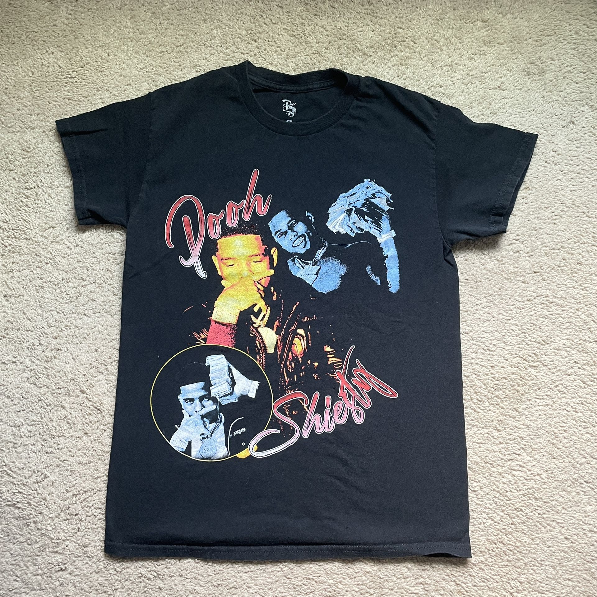 black shirt with pooh shiesty graphic