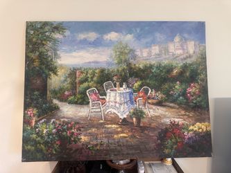 Impressionist Oil Painting Canvas - Garden, Table, Chairs, Flowers, Large