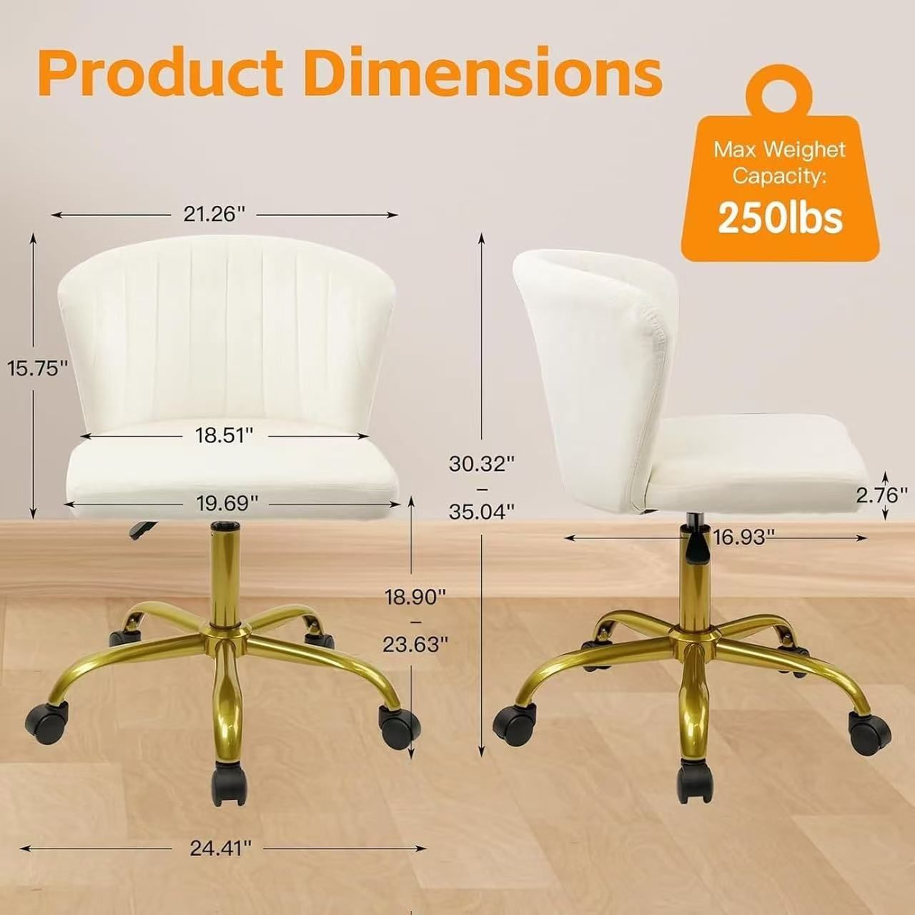 🥨CLATINA Home Office Desk Chair Velvet Vanity Chairs Gold Base, Ergonomic Small Cute Chair Adjustable Height with Wheels Rolling Armless Chair Swivel