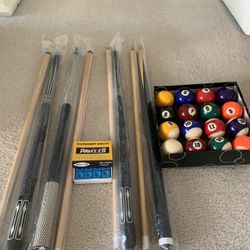 Pool Cues Balls Chalk Bundle New