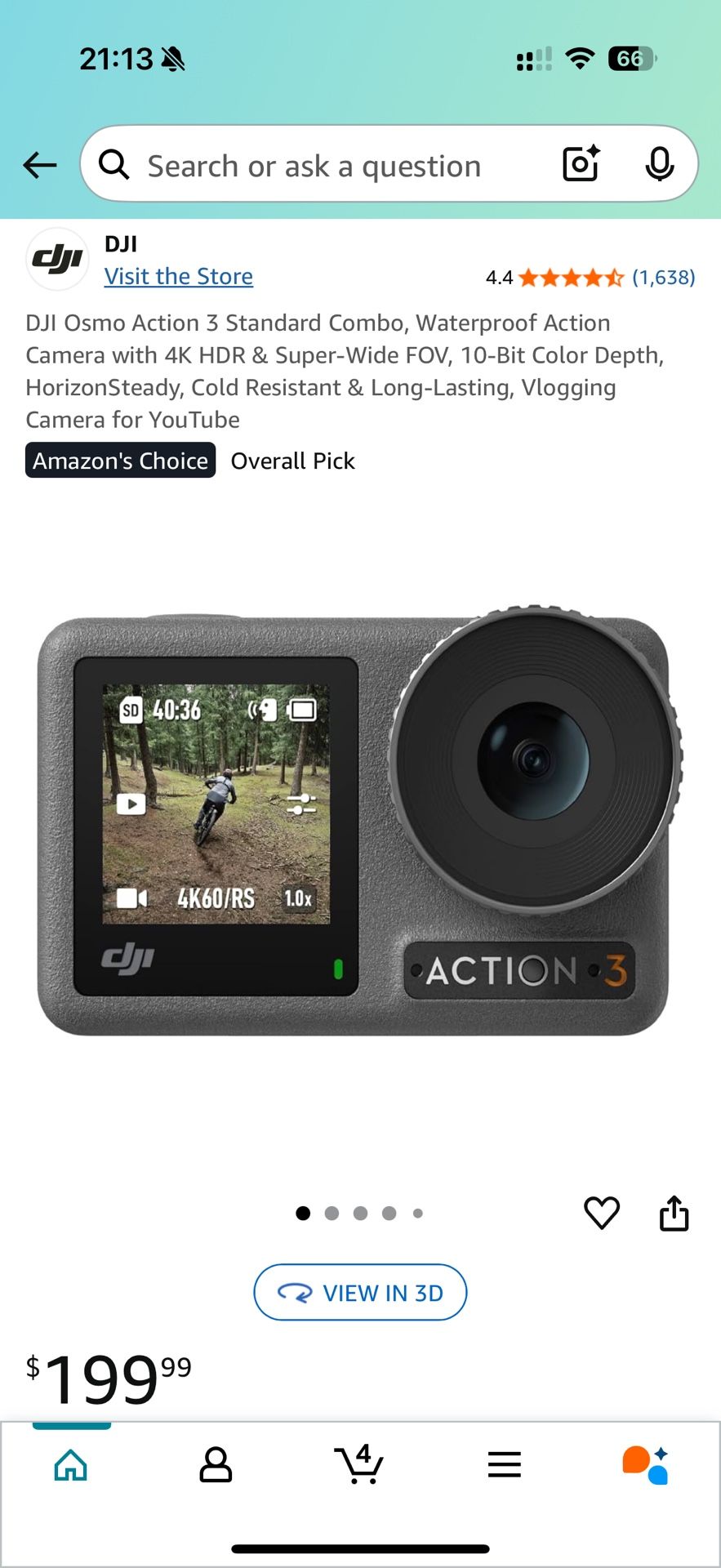 DJI Osmo Action 3 Standard Combo, Waterproof Action Camera with 4K HDR & Super-Wide FOV, 10-Bit Color Depth, HorizonSteady, Cold Resistant & Long-Last