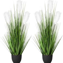 Vlorat 2 Pack 34" Artificial Greenery Floor Plants with Reed Flowers, Tall Fake Plant Potted, Faux Pampas Grass Silk Plants for House Decorations, Lob