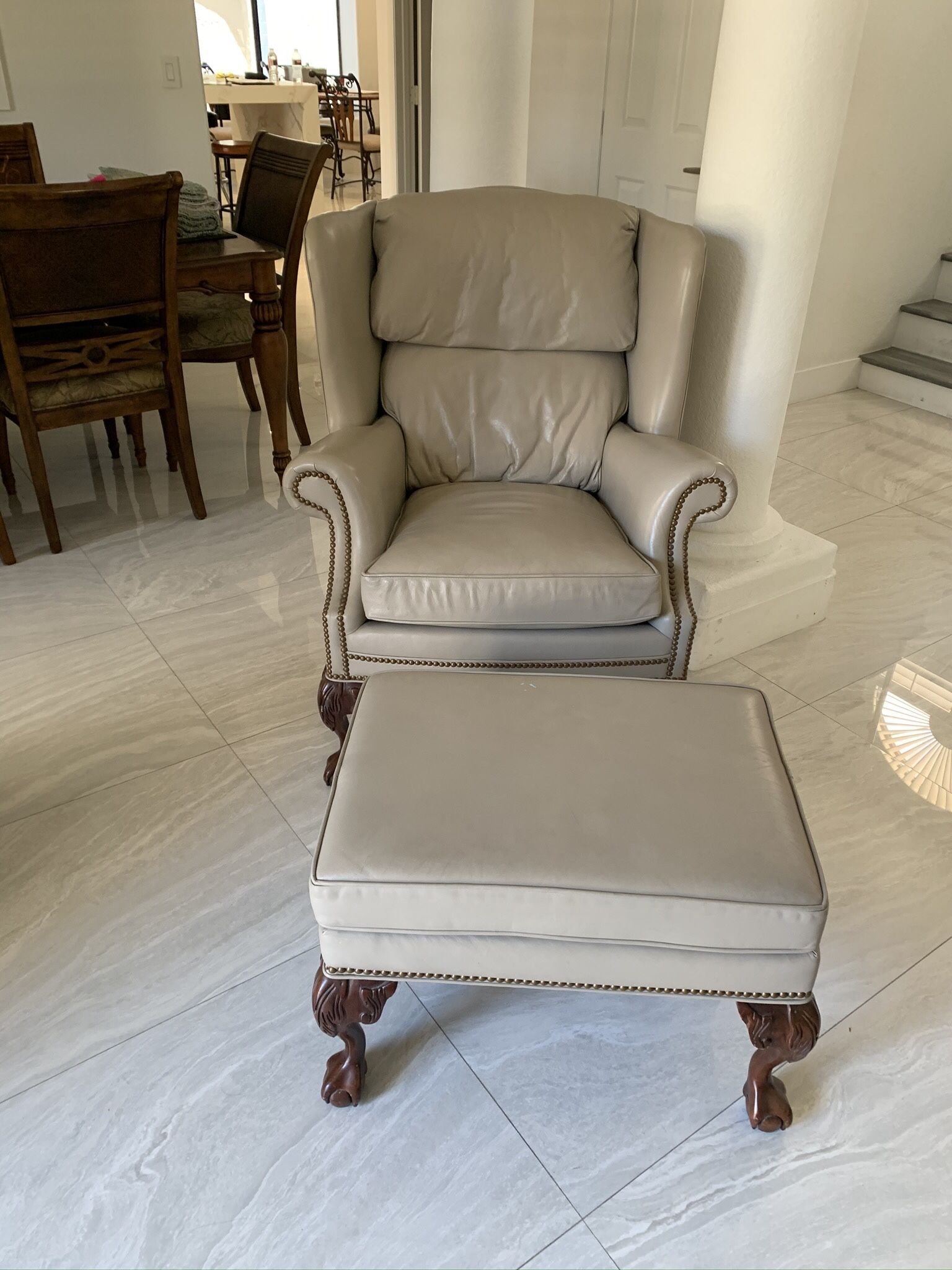 Presidential Grey Gray Leather Wingback Chair And footstool with Brass Nailheads Ball & Claw