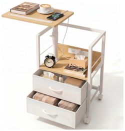 Lift Top Nightstand with Charging Station, Rolling Side Table for Recliner, Bedside Table with Wheels & 2 Fabric Drawers, for Small Spaces, for Bedroo