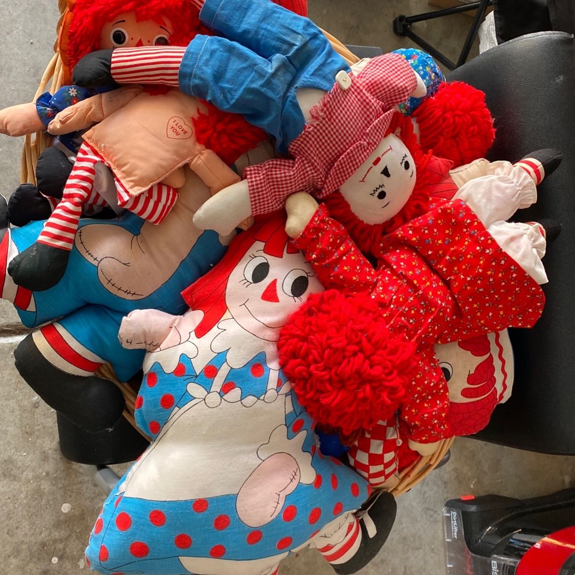 Basket Of Vintage Raggedy Ann And Andy Dolls