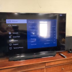 Samsung 65” Flat Screen TV Includes Soundbar And Subwoofer Model UN65JU6500 Wall Mount Included