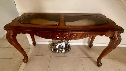 Vintage Ornate carved Wood Console Entryway Table W Glass Top Set Of Two