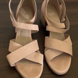 Eileen Fisher Sandals 7.5 Suede Wood Wedge Open Toe Platform Boho Hippie