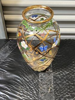 Lenox clear glass vase, hand-painted with a gold trellis design, colorful flowers, bees, and butterflies.