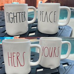 Rae Dunn Mug Bundle Set (4 Mugs) - Fighter, Peace, Hers, Yours