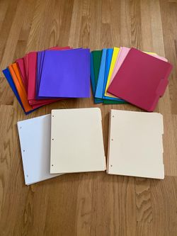 Approximately 100 paper file dividers and assorted colors of 20 paper folders and 18 paper file folders