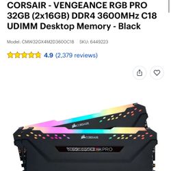 CORSAIR - VENGEANCE RGB PRO 32GB (2x16GB) DDR4 3600MHz C18 UDIMM Desktop Memory - Black