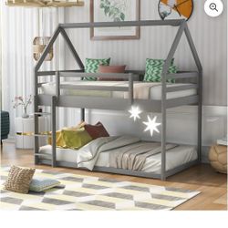 Brand New Euroco Twin-Over-Twin House Bunk Bed – Gray (Never Opened)
