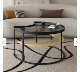 Minimalist Modern Moon-Shaped Coffee Table with Tempered Glass Top and Open Storage Shelf