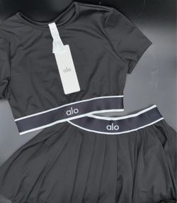 Alo Black Crop Top and Pleated Skirt Set