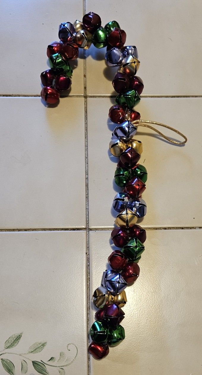 HOLIDAY MULTICOLORED CANDY CANE SLEIGH BELL DECORATION