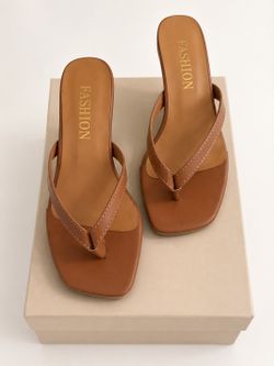 Women’s Brown Square Toe Kitten Heel Flip Flop Sandals - NEW