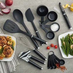 KitchenAid 15pc Tools and Gadget Set: Stainless Steel & Plastic Kitchen Utensil Set, Dishwasher-Safe, Black
