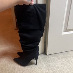 Knee High Black Suede Heels