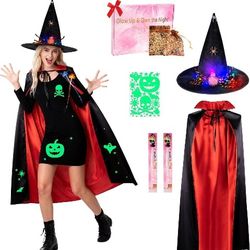 Light-Up Halloween Bundle costumes, Glow Spider Witch hats & Cape, Night Glow Decals, LED Hair Clips, Halloween Candy Bag & Gift Box for Spook Night W
