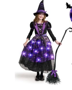 Spooktacular Creations Kids' Halloween Witch Costume – Light-Up Witch Dress with Hat and Broom for Girls – Bat-Themed Outfit Set for Halloween, Role-P