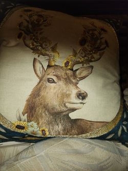 Deer Head Toss Pillow Whimsical Country Decor Embroidered 